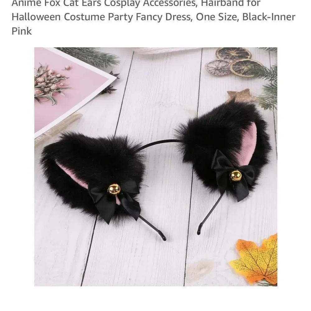 Cat Ears Fox Headband Cosplay Fluffy Ribbon Bell Furry Faux Fur Halloween pink
